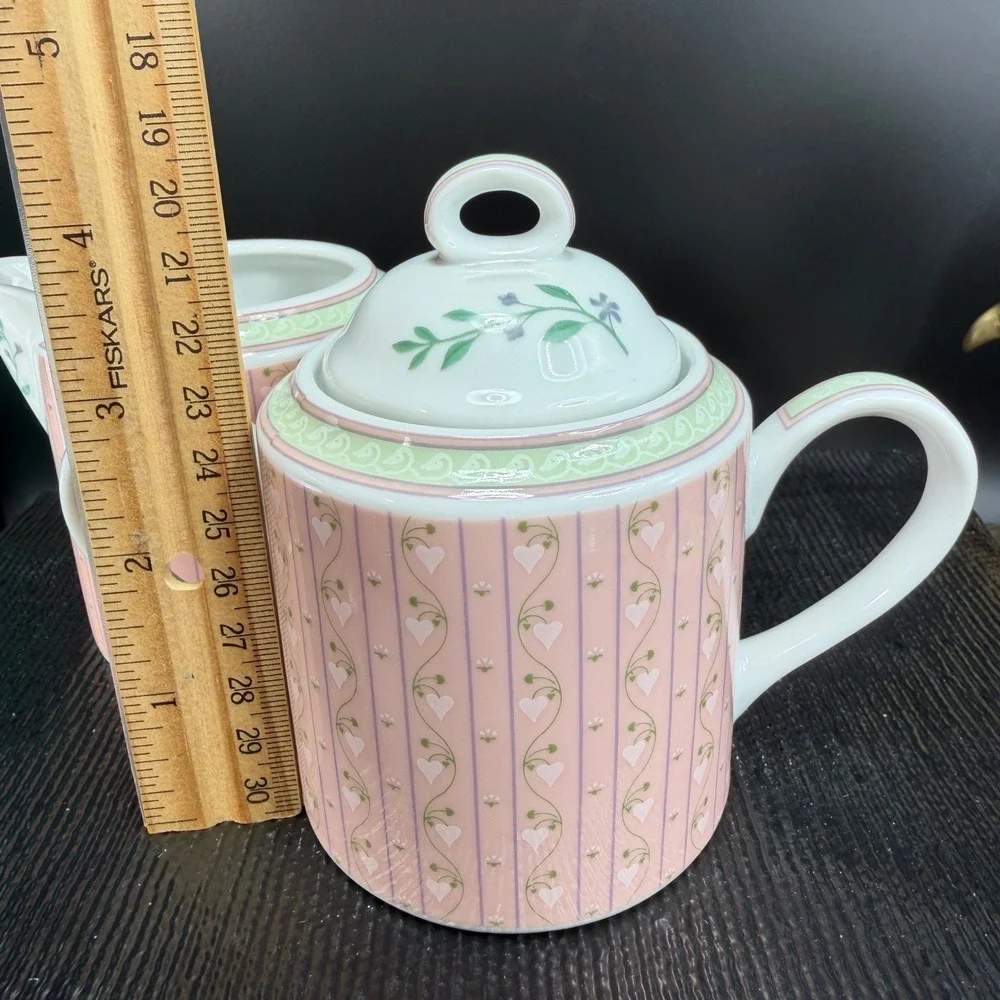 Lynn Hollyn Toscany Town Country Creamer Sugar‎ Bowl Set Pink Heart Stripe Japan
